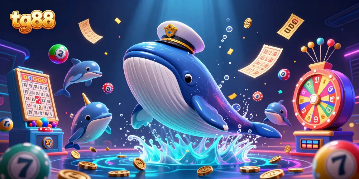 Play and win big with tg88 in a vibrant casino scene featuring whales and dolphins.
