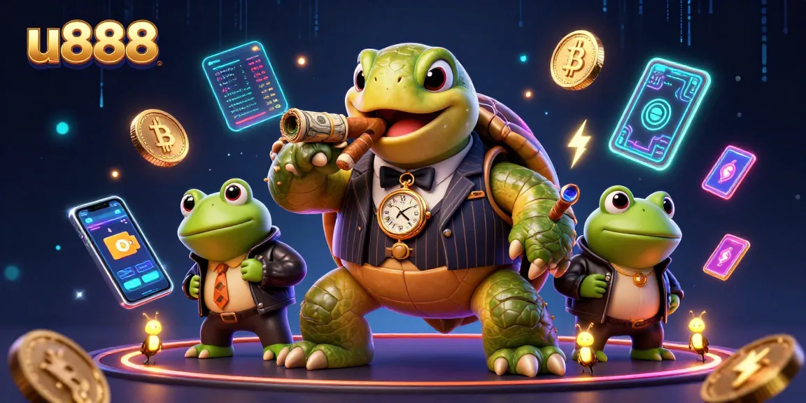 Engage with thrilling u888 games, illustrated by a dynamic turtle and bullfrog characters in a vibrant casino.