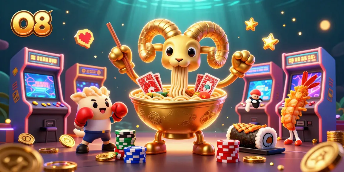 O8 showcases a vibrant 3D casino scene with a golden ramen bowl dealer and exciting game elements.