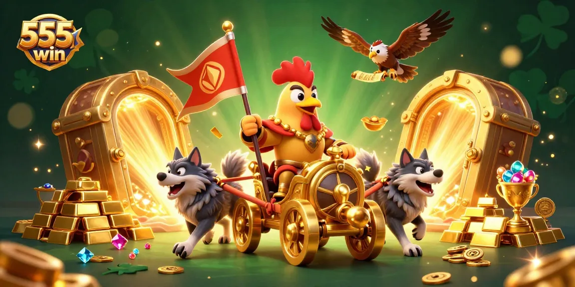 Experience the thrill of 555win with a dynamic gaming scene featuring treasure and excitement.