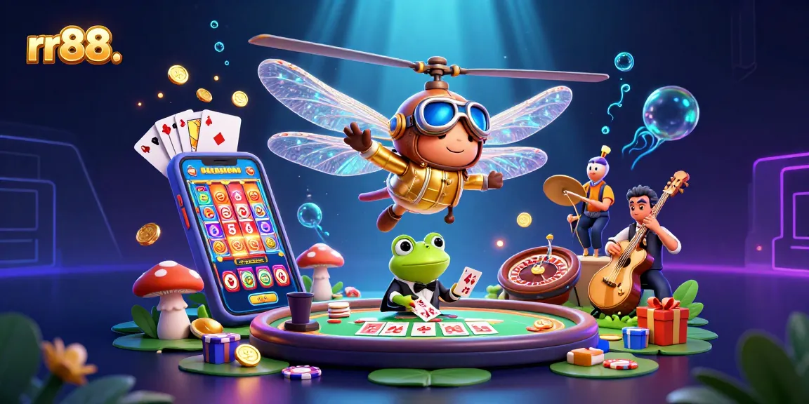 Engage with rr88. as you navigate a vibrant lily pad casino scene of cards and games.