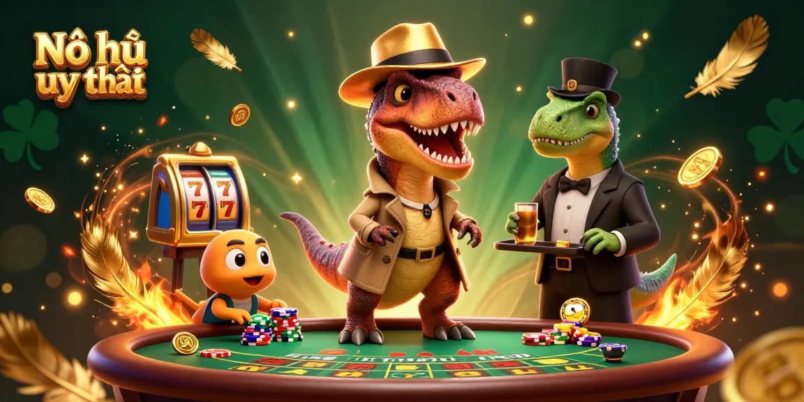 Nổ hũ uy tín features a velociraptor card counter amidst a lively casino scene full of games and excitement.