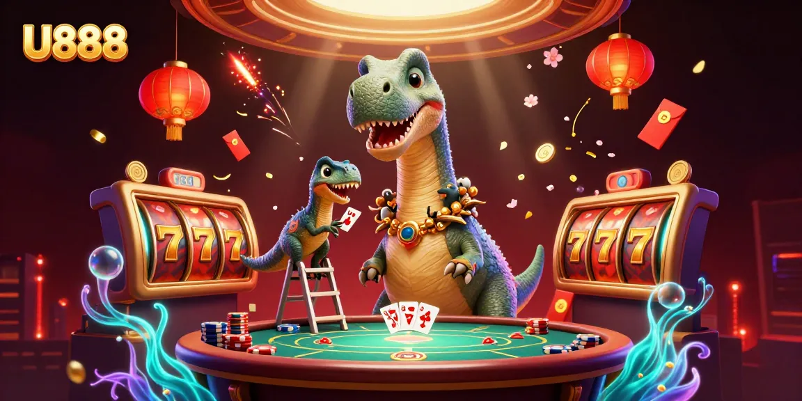Experience U888 with a towering brontosaurus and raptor dealing cards in a vibrant casino.